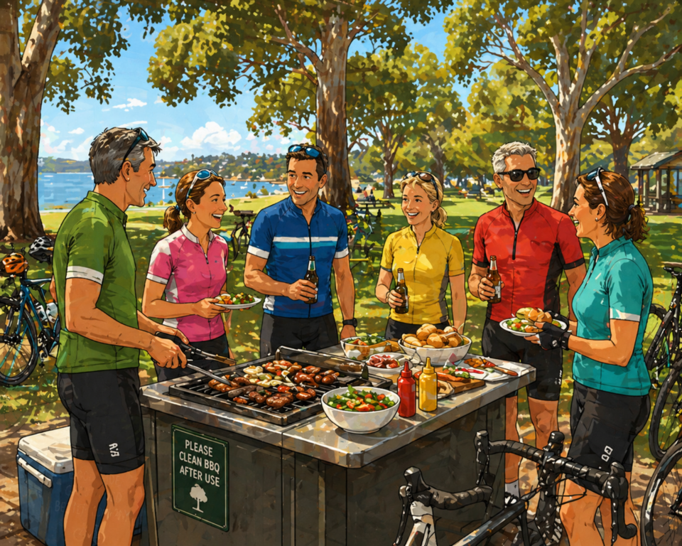 Cartoon-style illustration of a group of middle-aged cyclists enjoying a barbecue in a sunny Australian park, gathered around a public grill with bikes nearby, surrounded by trees and a lakeside setting.